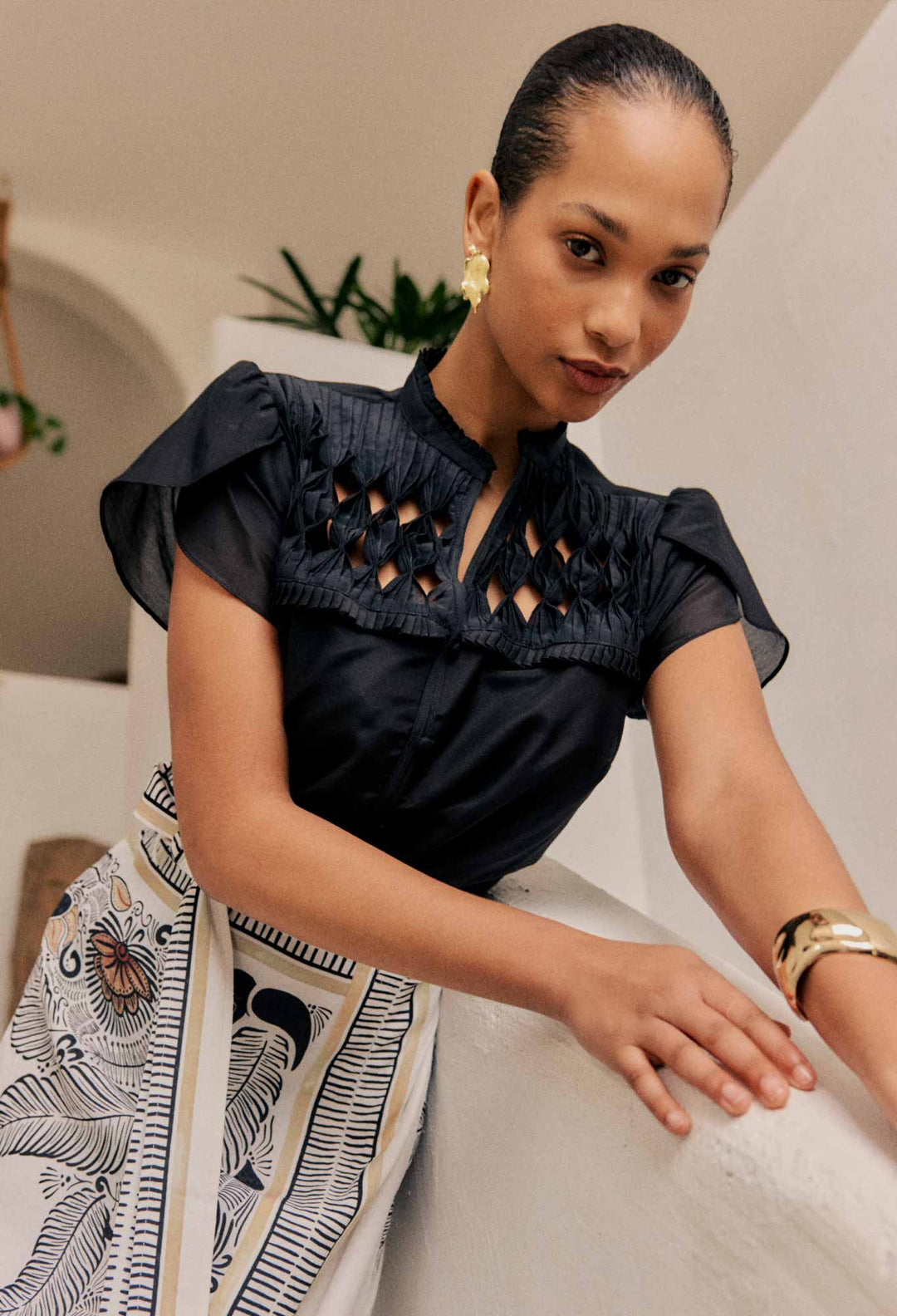 OnceWas Dalia Diamond Smock Yoke Silk Cotton Shirt in Onyx