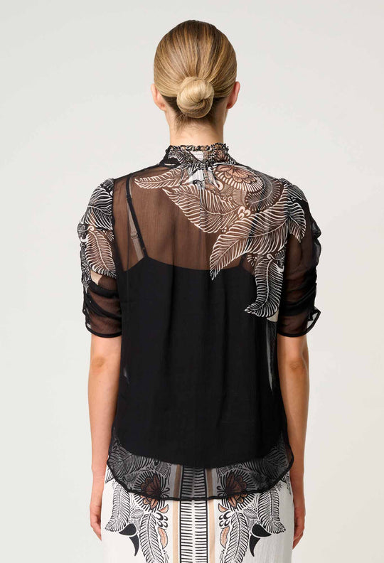 OnceWas Samira Viscose Chiffon Sleeve Blouse in Onyx Casablanca