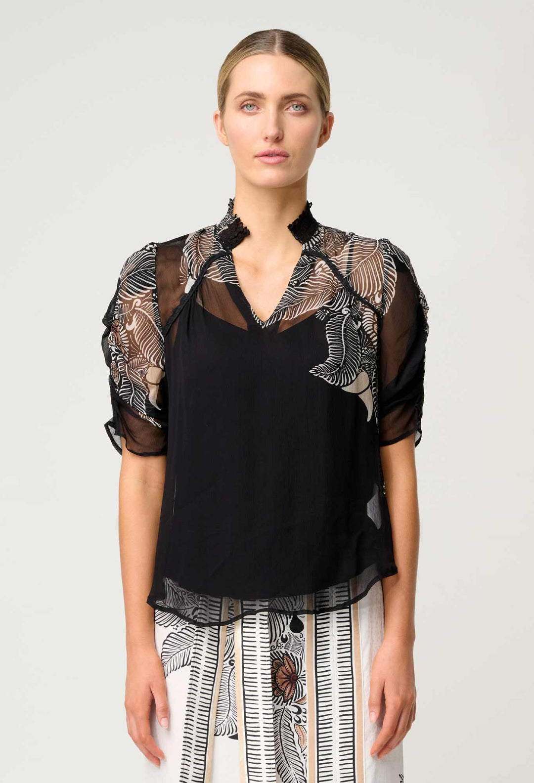 OnceWas Samira Viscose Chiffon Sleeve Blouse in Onyx Casablanca