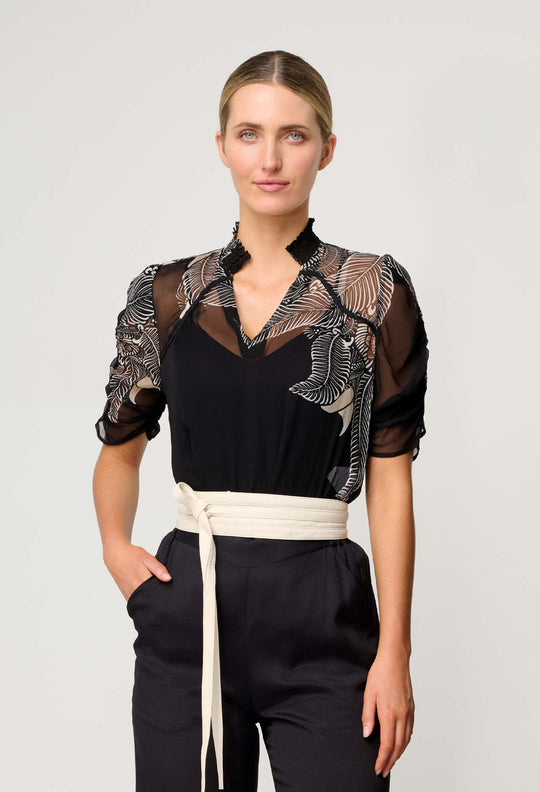 OnceWas Samira Viscose Chiffon Sleeve Blouse in Onyx Casablanca