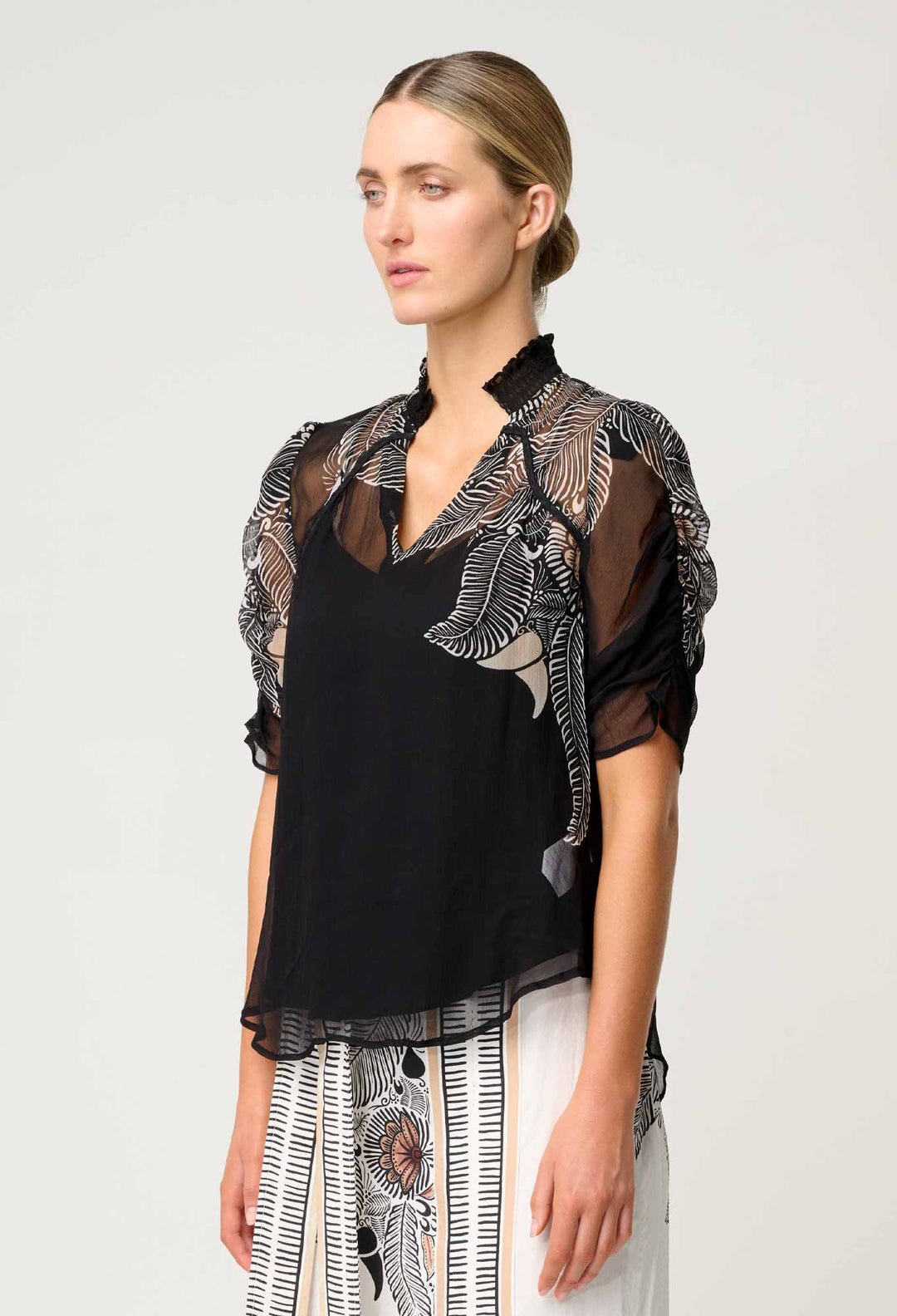 Samira Viscose Chiffon Sleeve Blouse in Onyx Casablanca