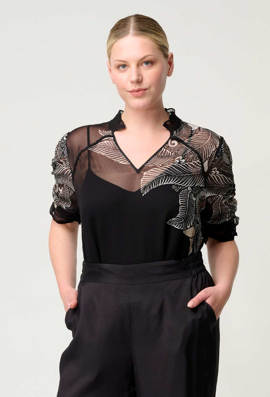 OnceWas Samira Viscose Chiffon Sleeve Blouse in Onyx Casablanca