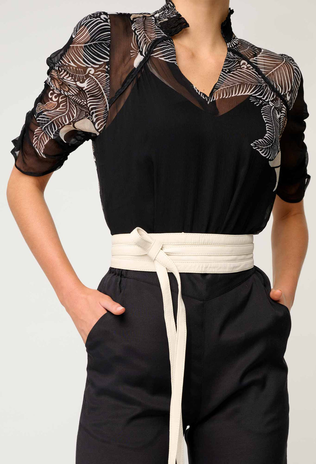 OnceWas Samira Viscose Chiffon Sleeve Blouse in Onyx Casablanca