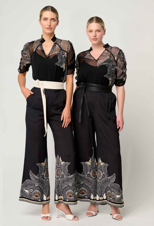 OnceWas Samira Viscose Chiffon Sleeve Blouse in Onyx Casablanca