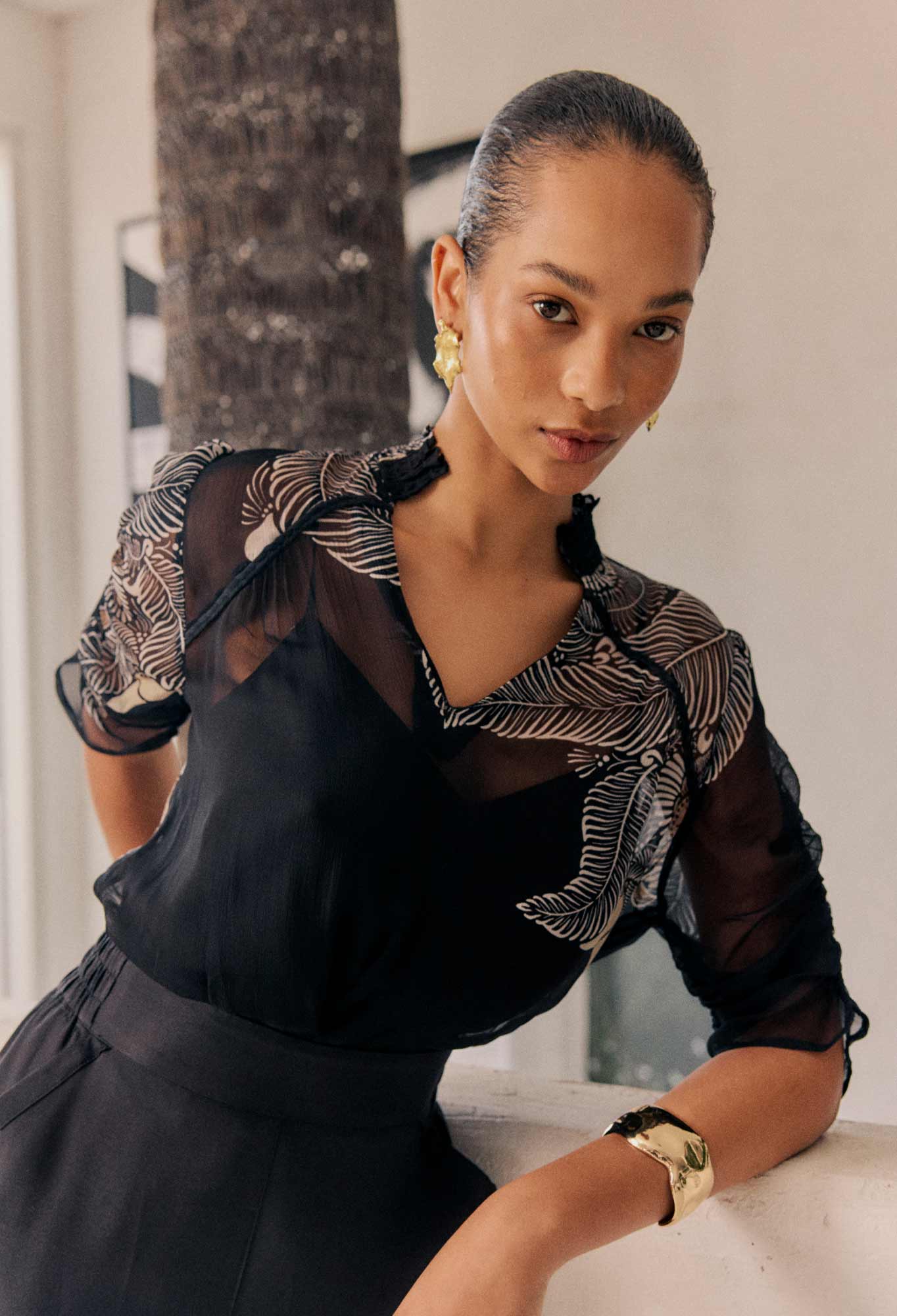 OnceWas Samira Viscose Chiffon Sleeve Blouse in Onyx Casablanca