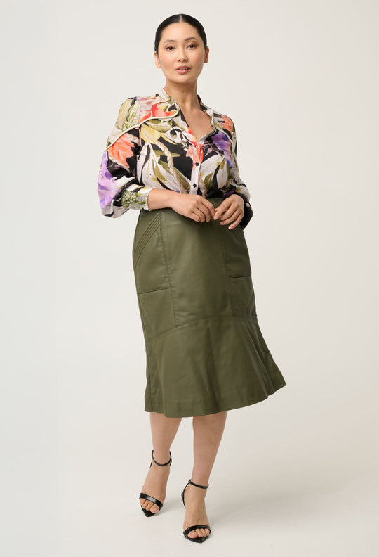 PETITE Mabel Leather Skirt in Moss