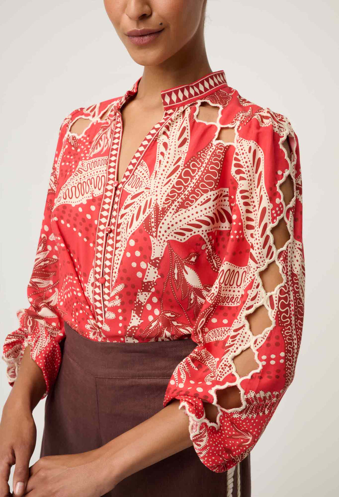 OnceWas Audrey Embroidered Viscose Faille Blouse in Crimson Palms