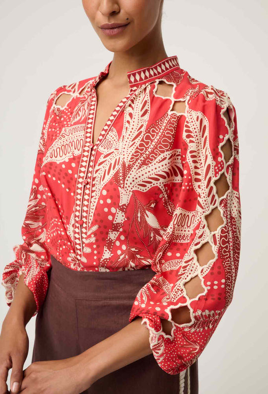 OnceWas Audrey Embroidered Viscose Faille Blouse in Crimson Palms