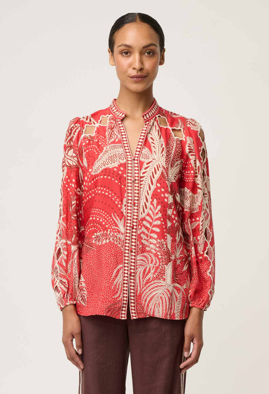 OnceWas Audrey Embroidered Viscose Faille Blouse in Crimson Palms