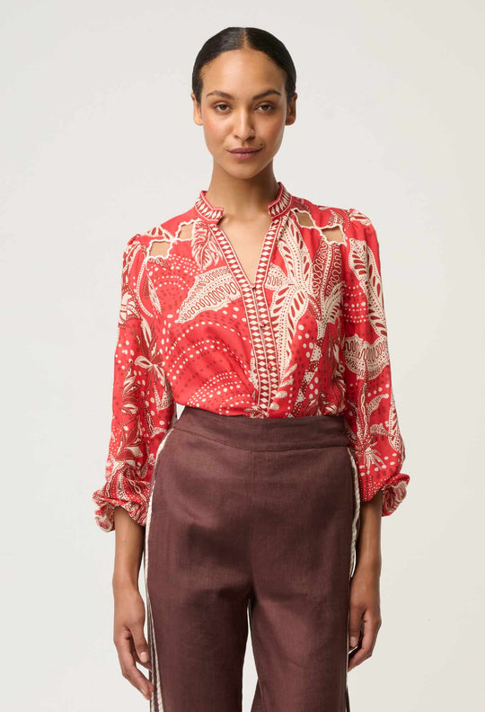 OnceWas Audrey Embroidered Viscose Faille Blouse in Crimson Palms