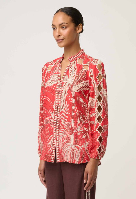 OnceWas Audrey Embroidered Viscose Faille Blouse in Crimson Palms