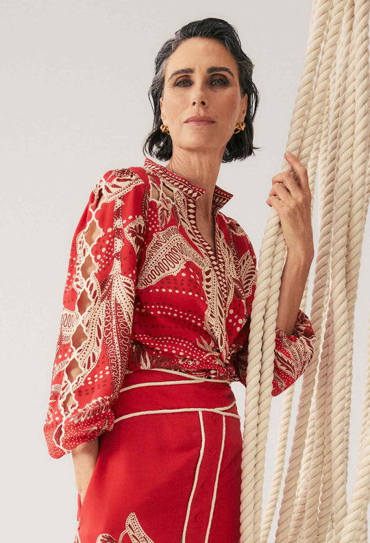 OnceWas Audrey Embroidered Viscose Faille Blouse in Crimson Palms