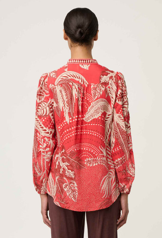 OnceWas Audrey Embroidered Viscose Faille Blouse in Crimson Palms