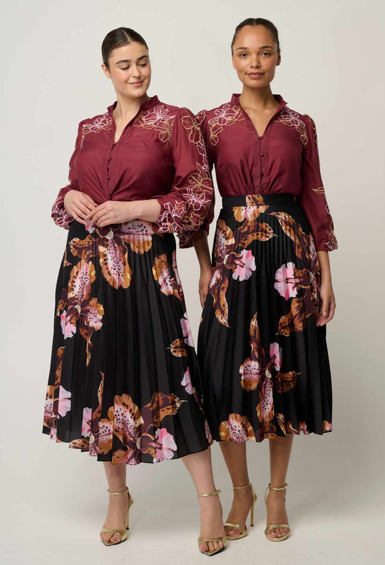 Maren Embroidered Cotton Silk Blouse in Garnet Orchid