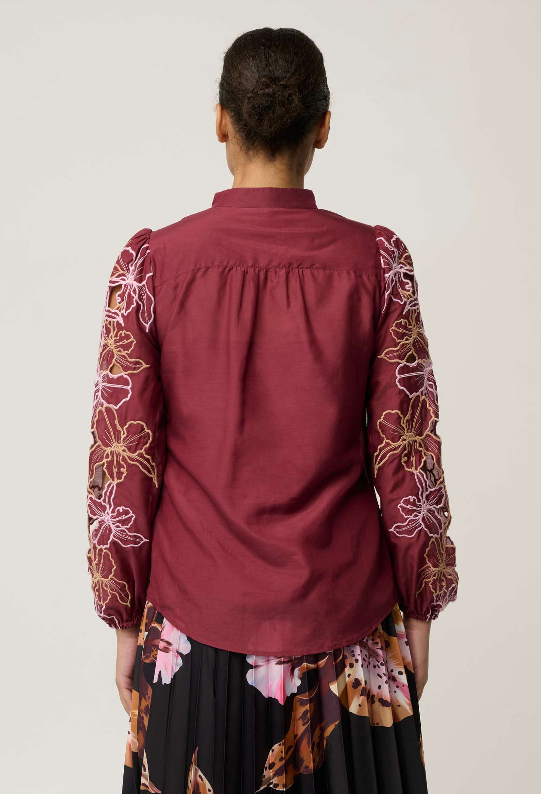 Maren Embroidered Cotton Silk Blouse in Garnet Orchid