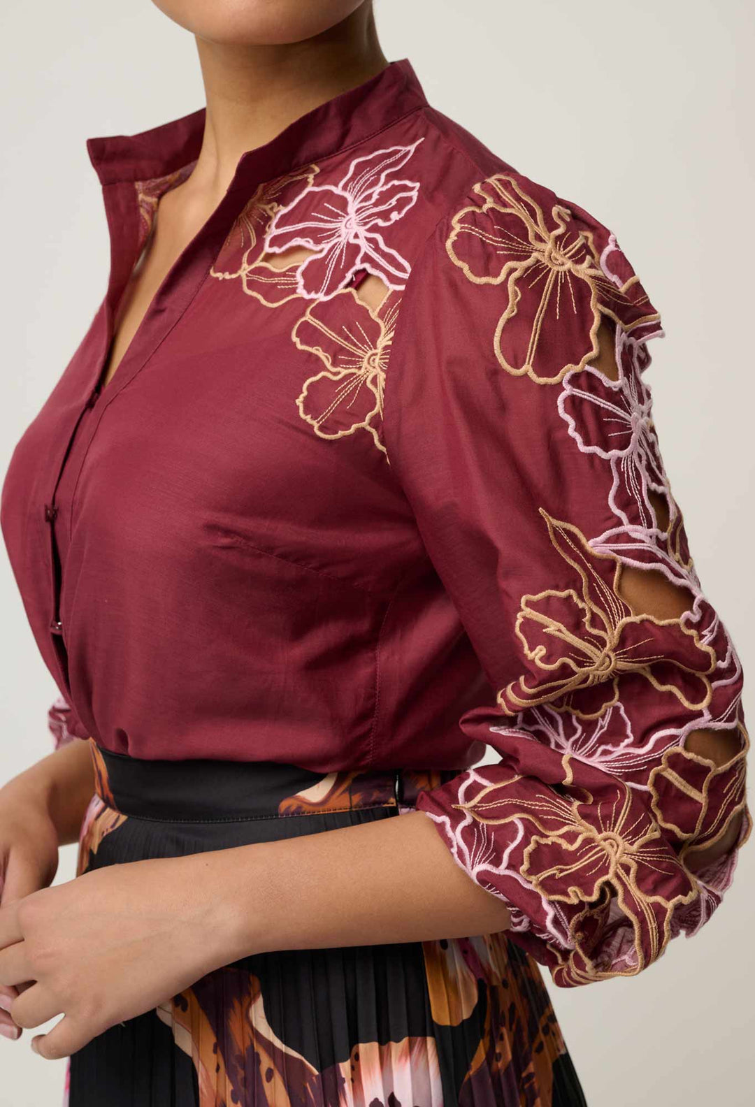 Maren Embroidered Cotton Silk Blouse in Garnet Orchid