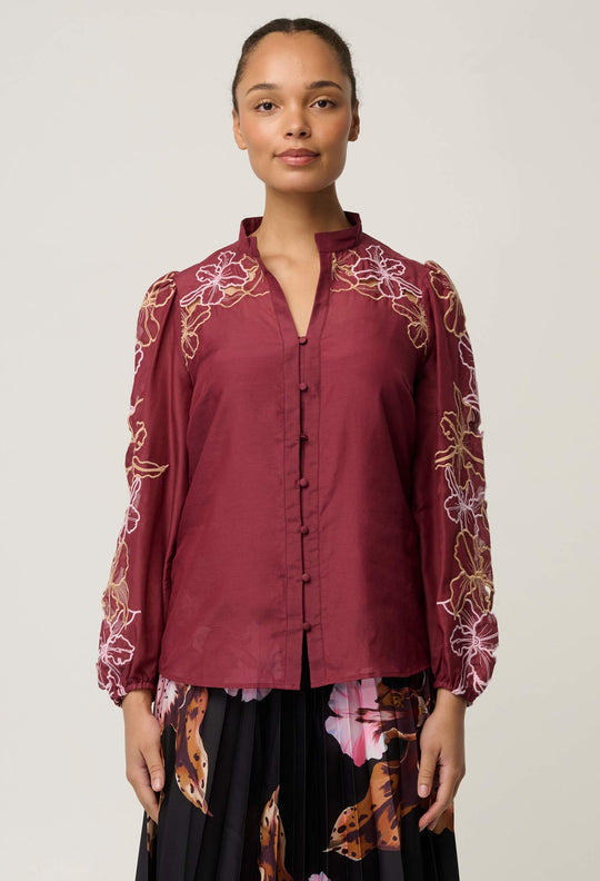 Maren Embroidered Cotton Silk Blouse in Garnet Orchid