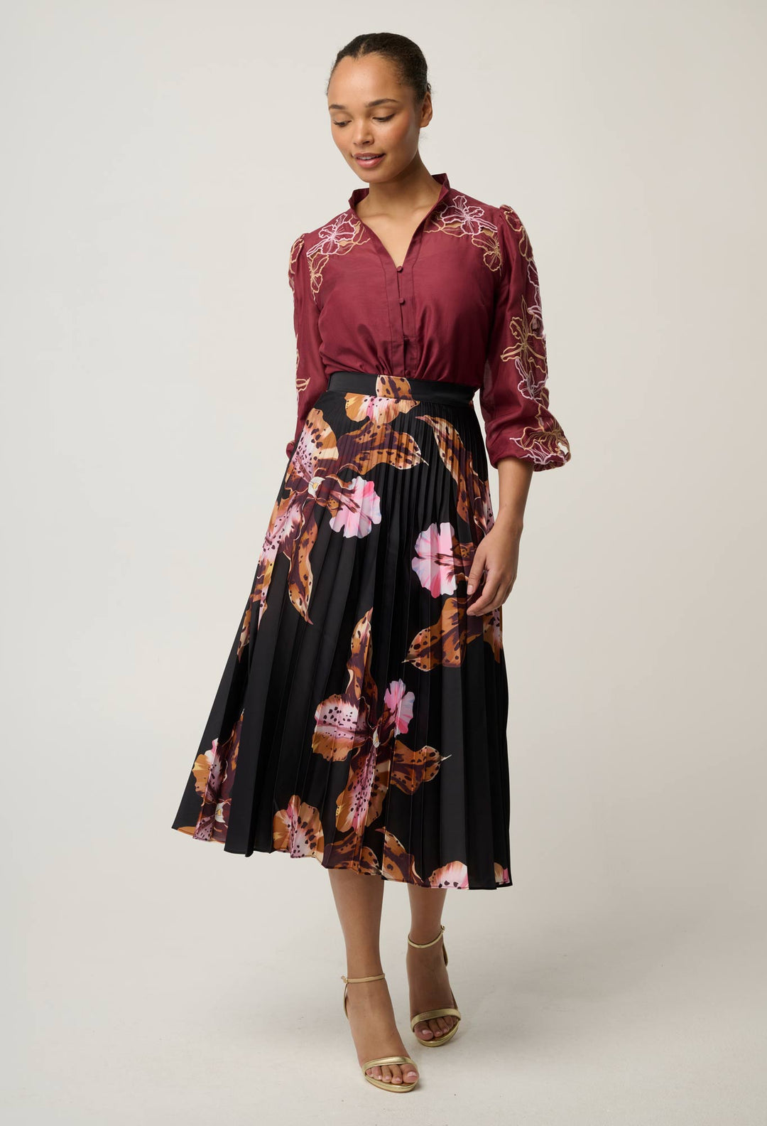 Maren Embroidered Cotton Silk Blouse in Garnet Orchid