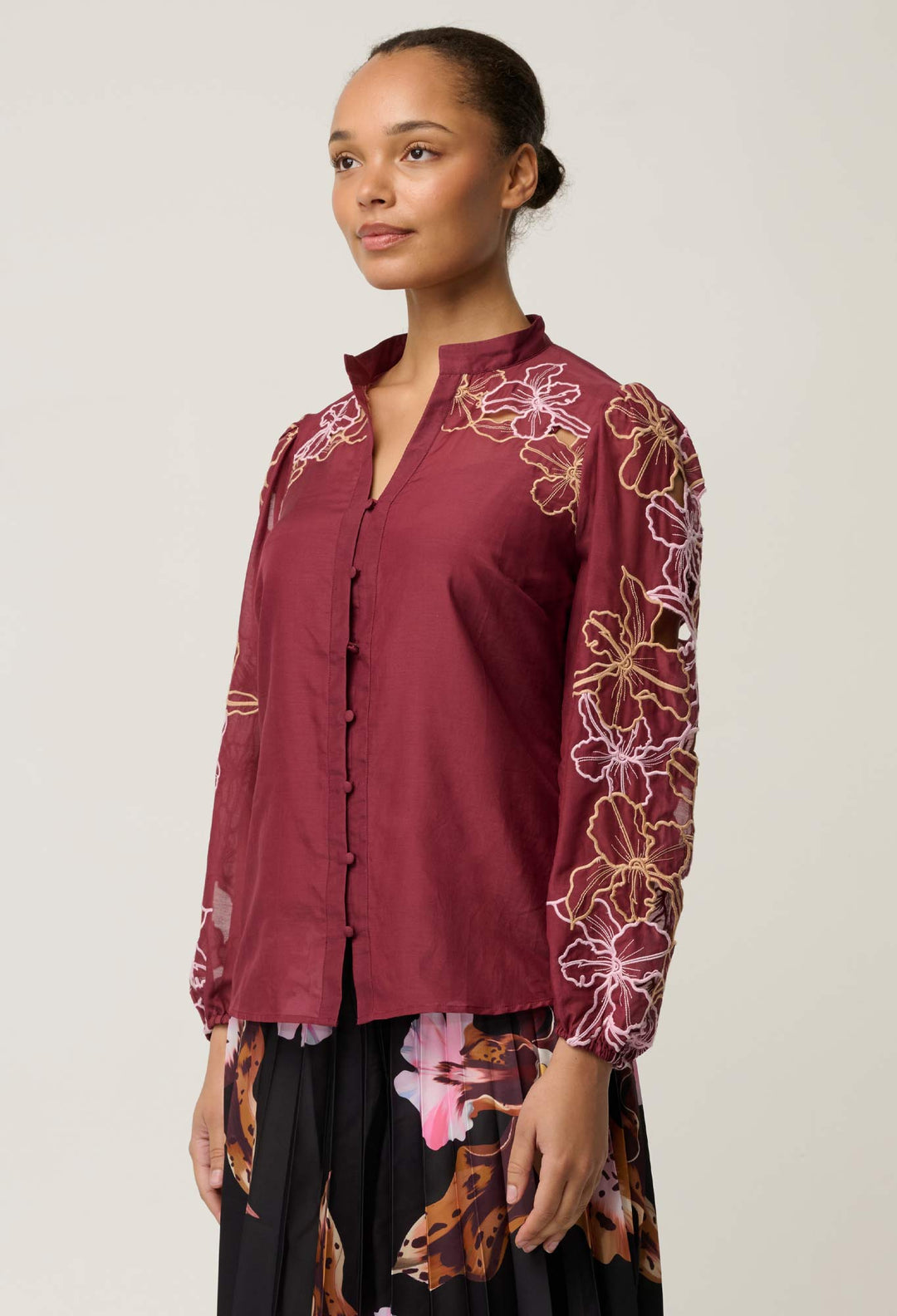 Maren Embroidered Cotton Silk Blouse in Garnet Orchid
