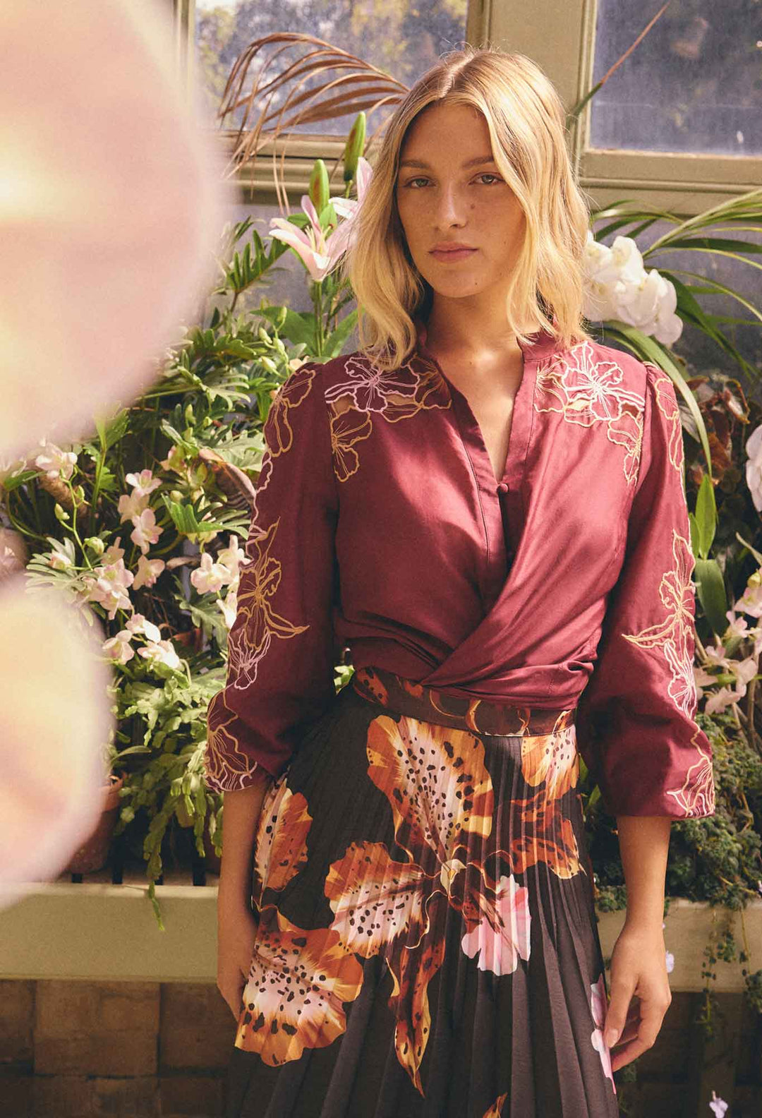 Maren Embroidered Cotton Silk Blouse in Garnet Orchid