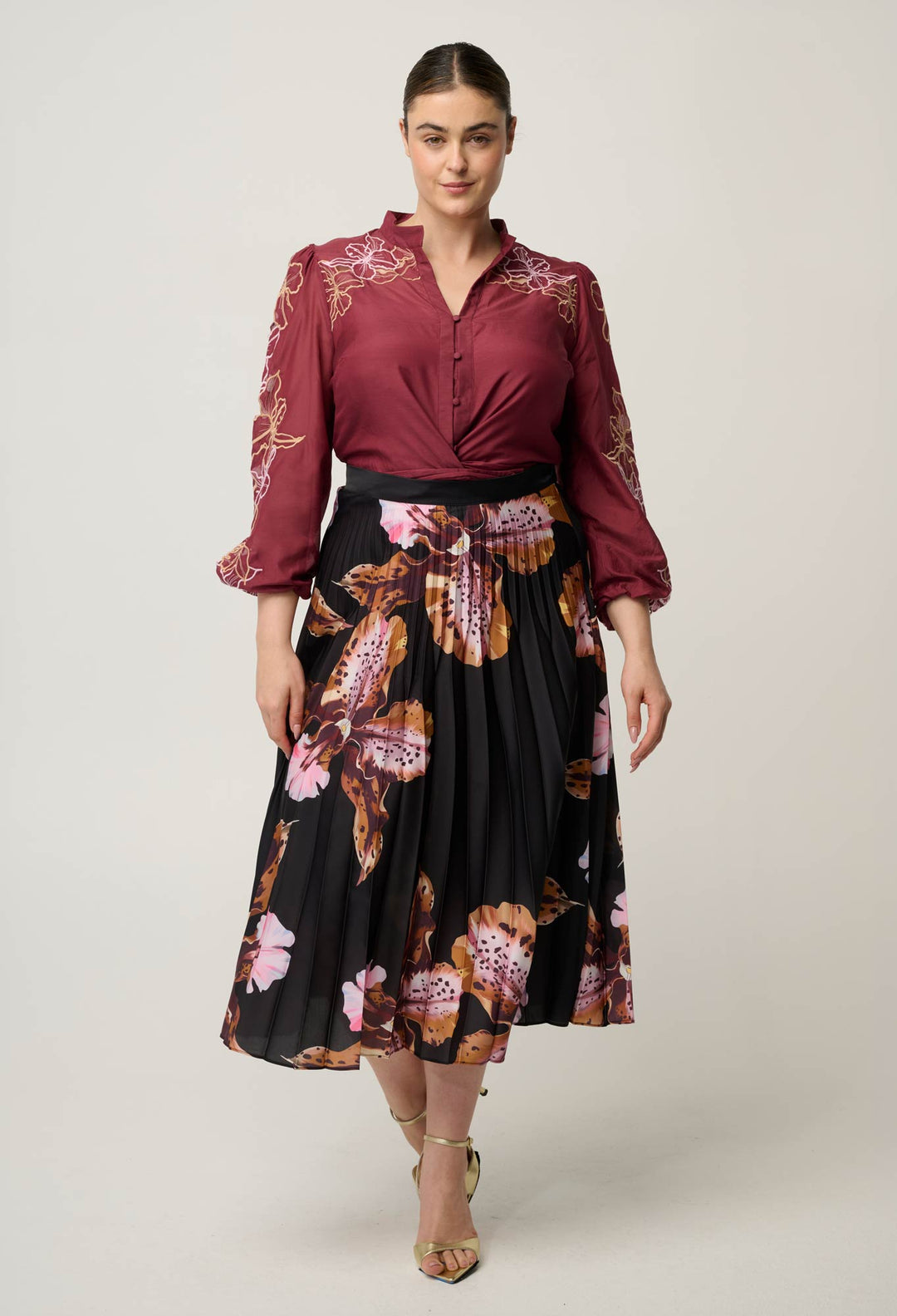 Maren Embroidered Cotton Silk Blouse in Garnet Orchid