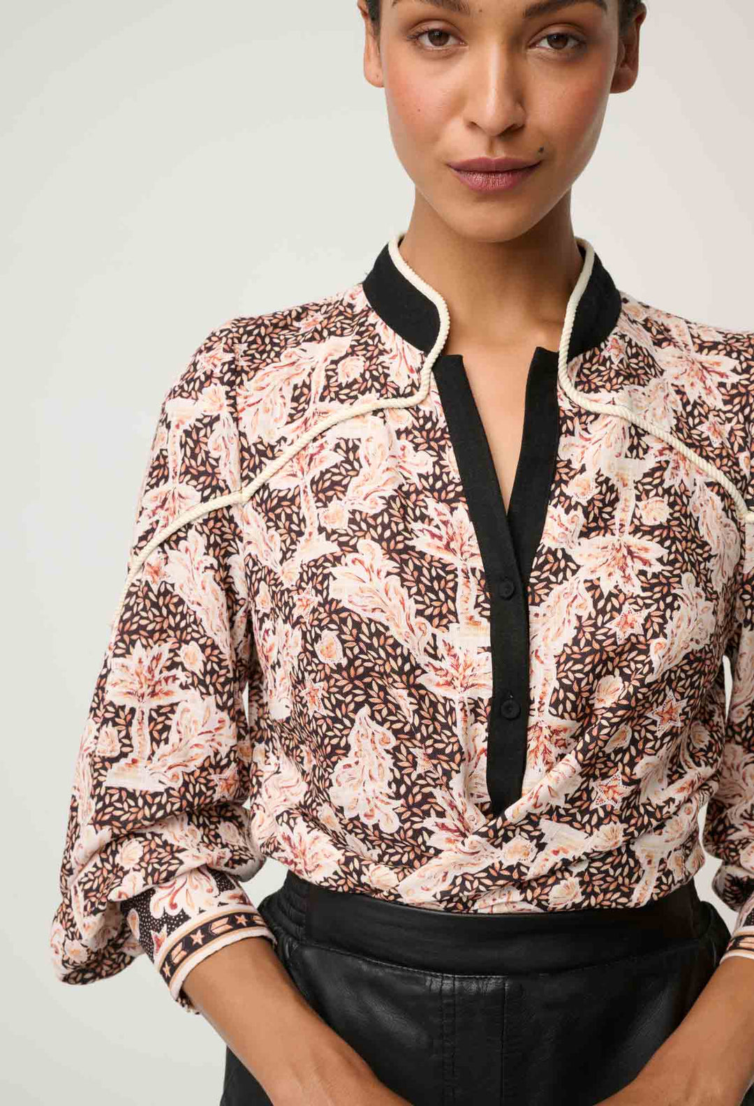 OnceWas Harley Linen Viscose Rope Trim Shirt in Russet Palm