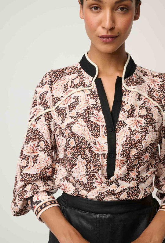 OnceWas Harley Linen Viscose Rope Trim Shirt in Russet Palm