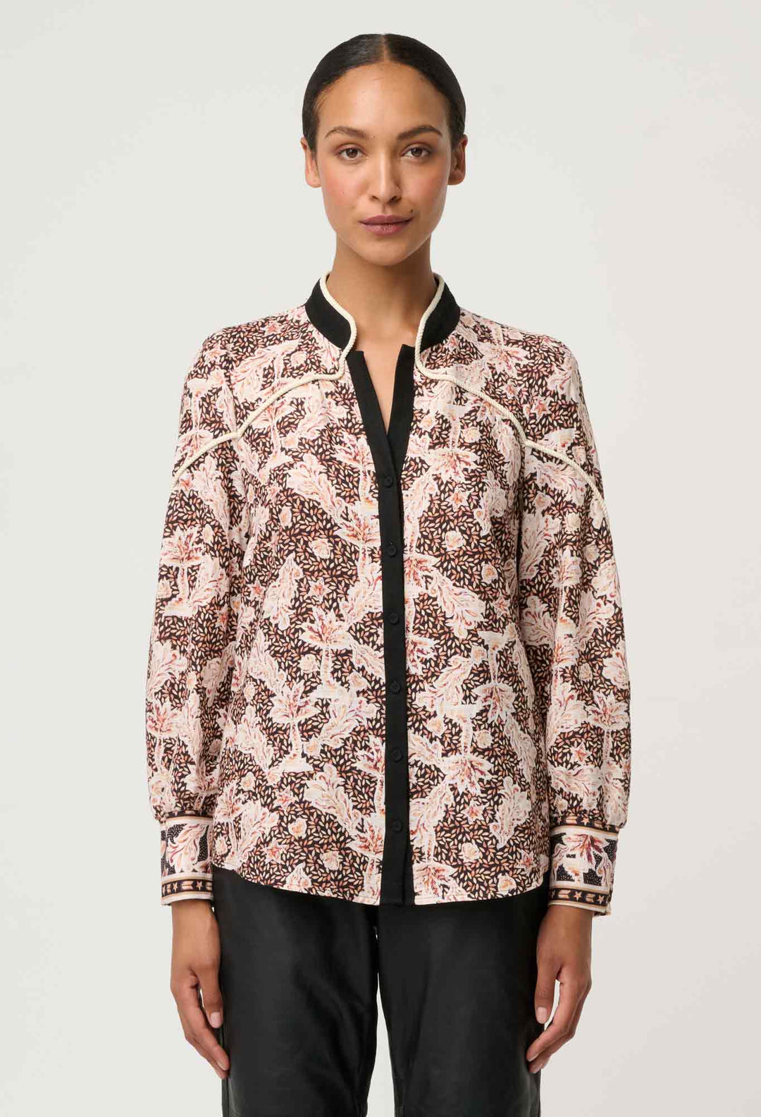 OnceWas Harley Linen Viscose Rope Trim Shirt in Russet Palm