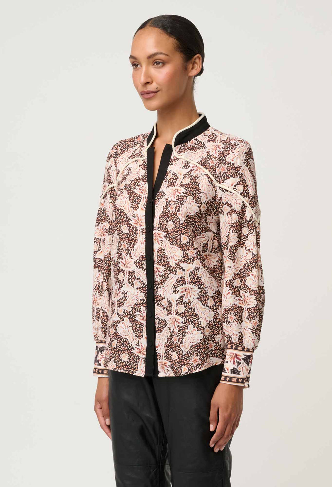 OnceWas Harley Linen Viscose Rope Trim Shirt in Russet Palm