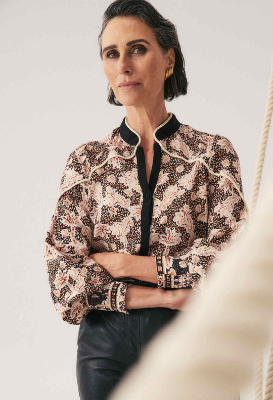 OnceWas Harley Linen Viscose Rope Trim Shirt in Russet Palm