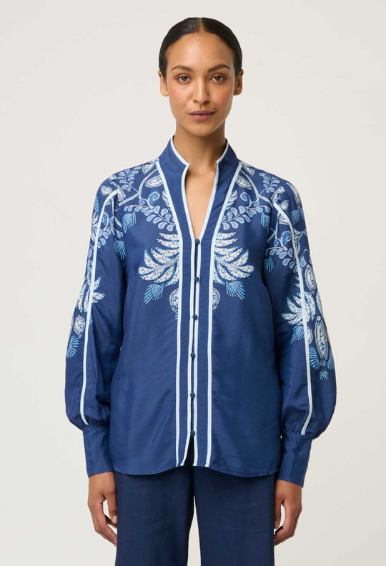 OnceWas Asher Linen Viscose Shirt in Moonlit Batik