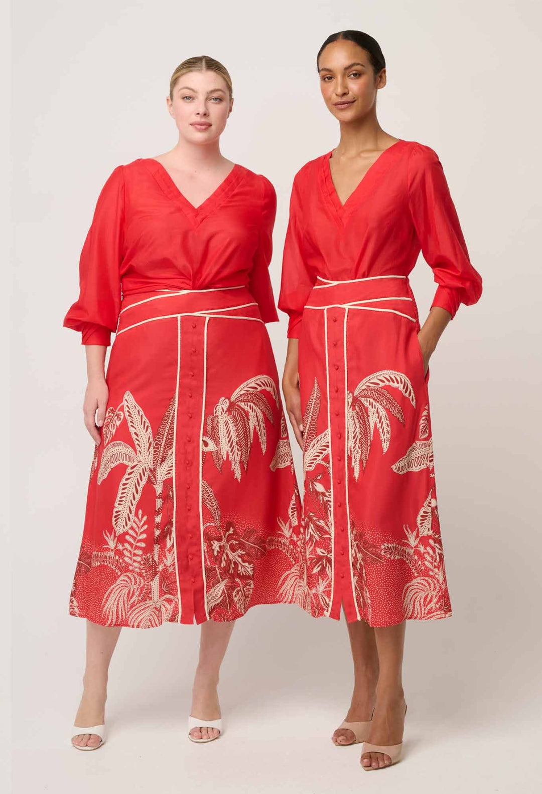 OnceWas Calissa Cotton Silk V-Neck Blouse in Crimson