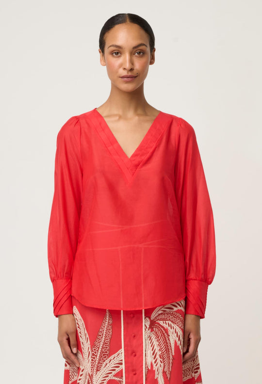OnceWas Calissa Cotton Silk V-Neck Blouse in Crimson