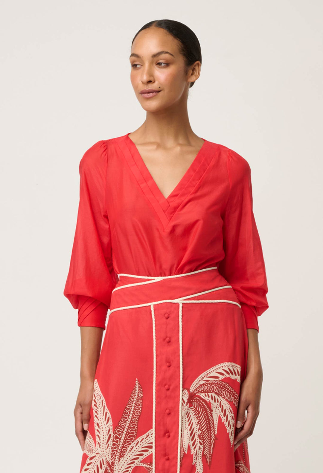 OnceWas Calissa Cotton Silk V-Neck Blouse in Crimson