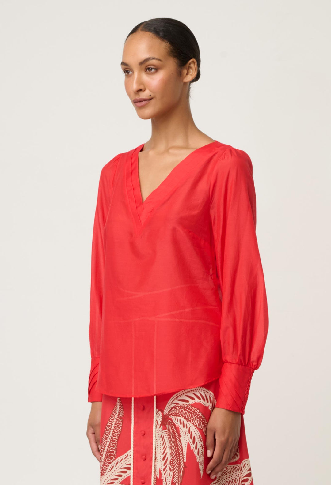 OnceWas Calissa Cotton Silk V-Neck Blouse in Crimson