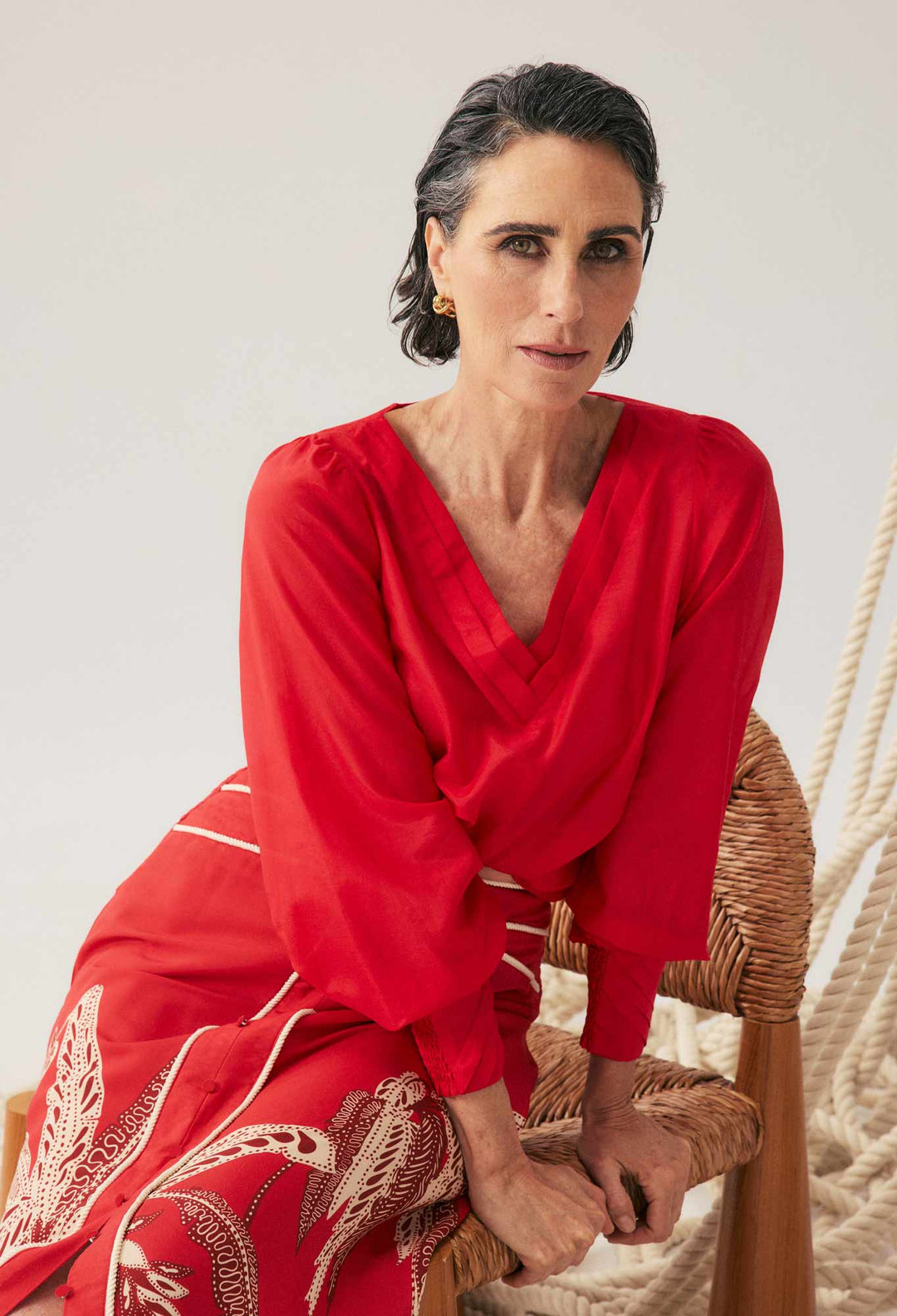 OnceWas Calissa Cotton Silk V-Neck Blouse in Crimson