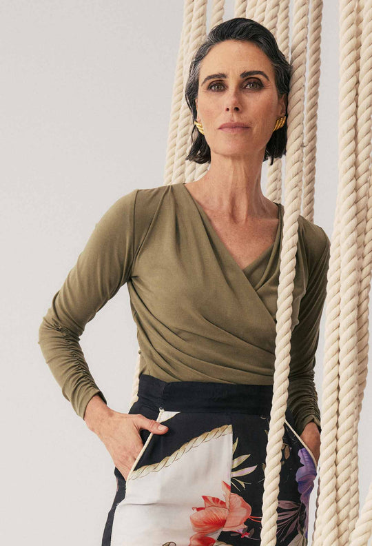 Aster Lyocell Stretch Wrap Top in Dusty Olive