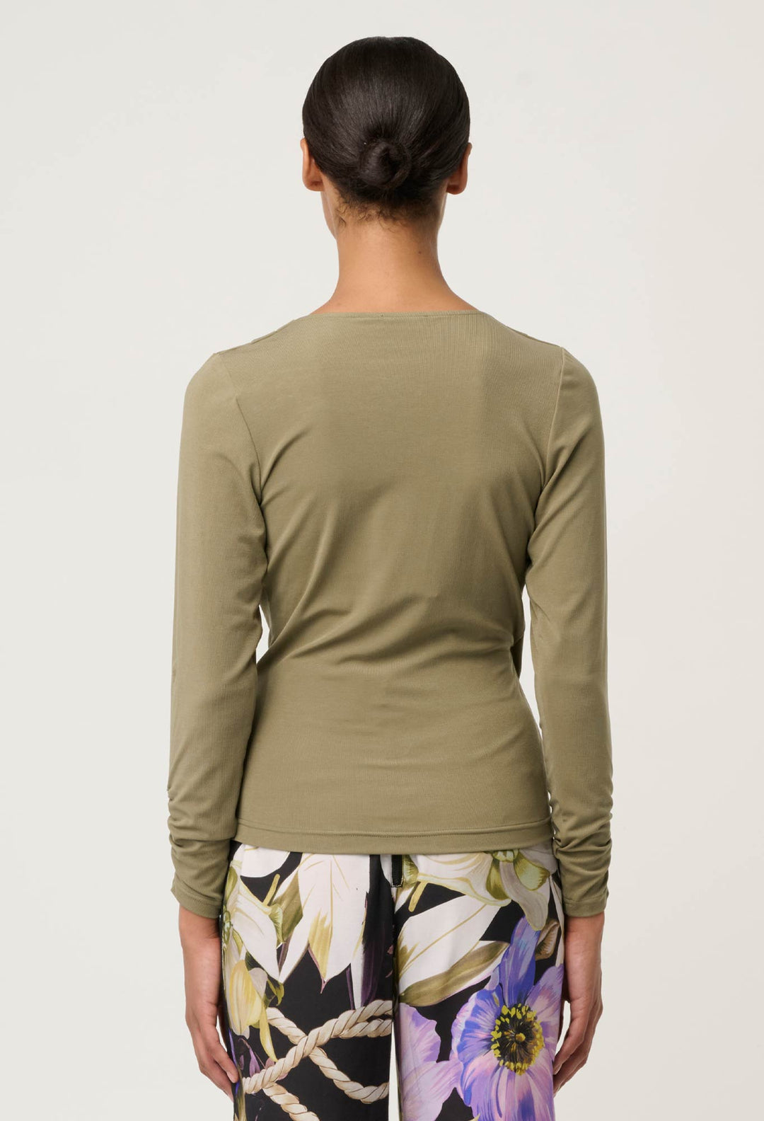 OnceWas Aster Lyocell Stretch Wrap Top in Dusty Olive