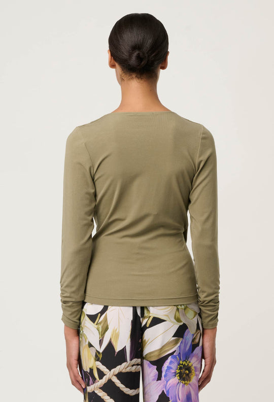 OnceWas Aster Lyocell Stretch Wrap Top in Dusty Olive
