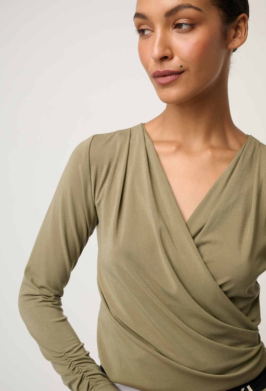 OnceWas Aster Lyocell Stretch Wrap Top in Dusty Olive