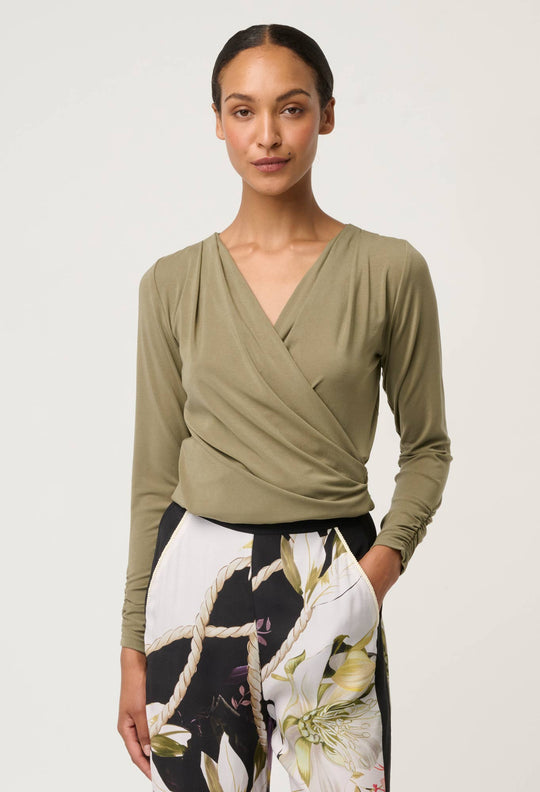 OnceWas Aster Lyocell Stretch Wrap Top in Dusty Olive