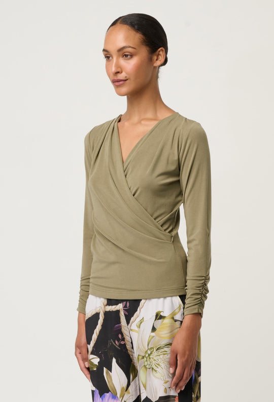 OnceWas Aster Lyocell Stretch Wrap Top in Dusty Olive