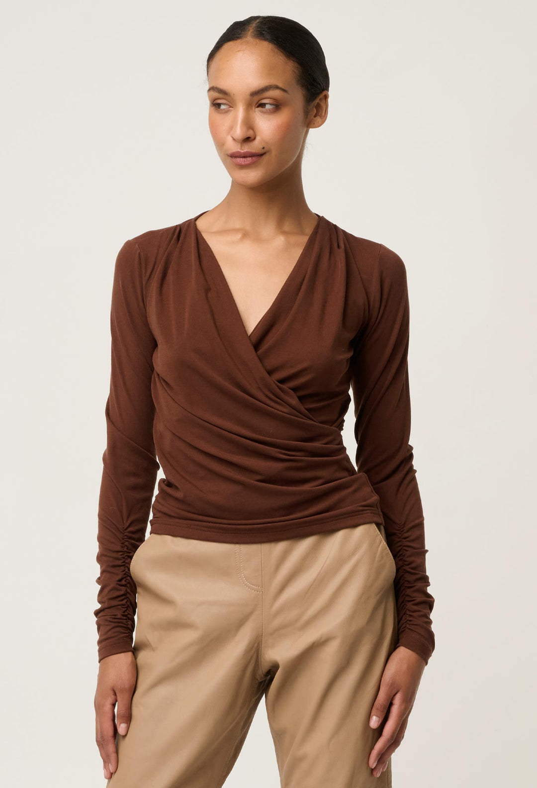 OnceWas Aster Lyocell Stretch Wrap Top in Mocha