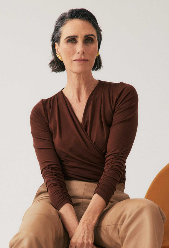 OnceWas Aster Lyocell Stretch Wrap Top in Mocha