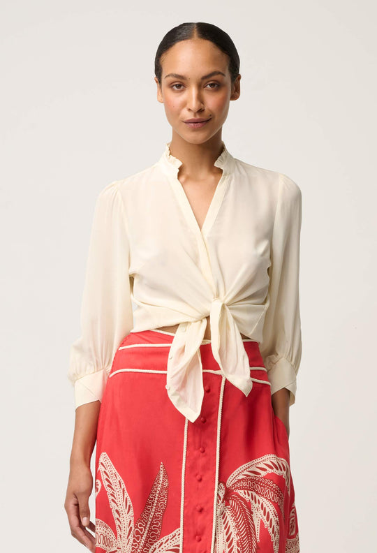 Chloe 100% Silk Criss Cross Cuffed Shirt in Cloud