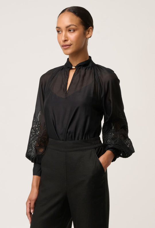 Simona Cotton Silk Embroidered Blouse in Black
