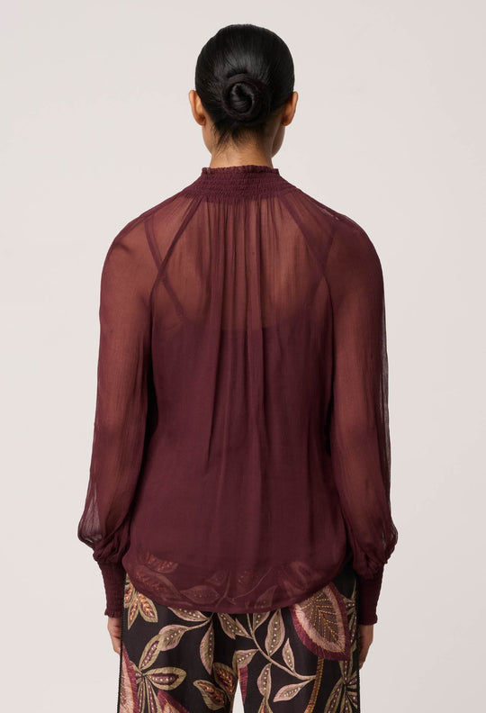 OnceWas Simona Sheer Viscose Gold Detail Blouse in Bordeaux