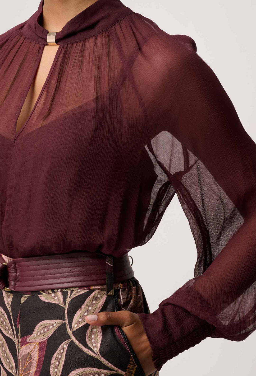 OnceWas Simona Sheer Viscose Gold Detail Blouse in Bordeaux