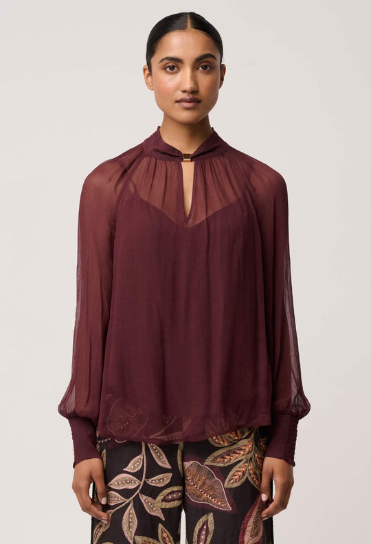OnceWas Simona Sheer Viscose Gold Detail Blouse in Bordeaux