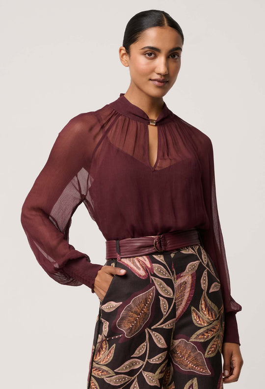 OnceWas Simona Sheer Viscose Gold Detail Blouse in Bordeaux